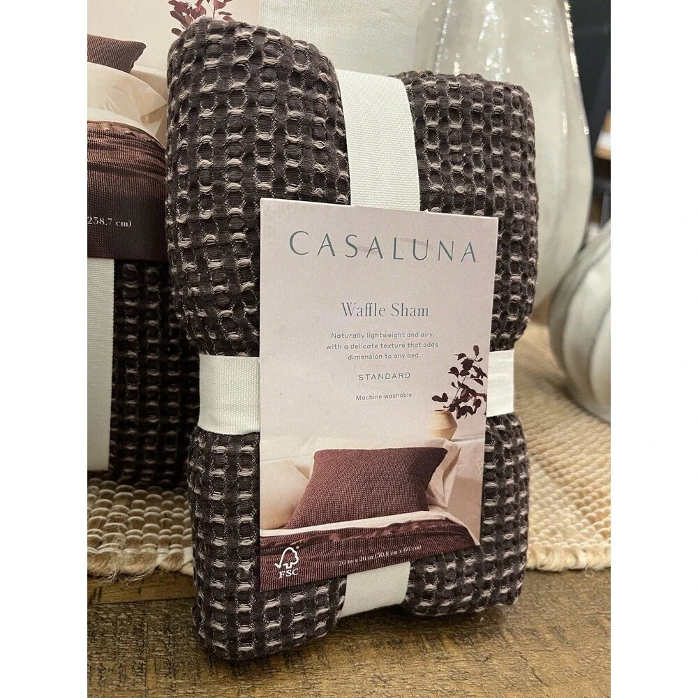 SET Full/Queen Textured Waffle Coverlet & 2 Standard Shams Dark Fig-Casaluna NEW